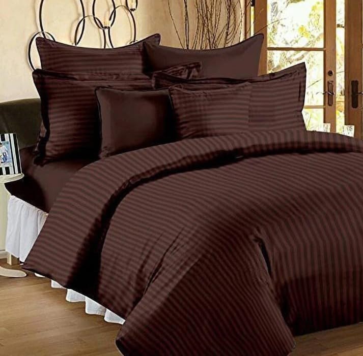 Brown Solid Striped Cotton Double King Bedsheet with 2 Pillow Covers | 90 x 100 Inches | 300 Thread Count | Superfine Soft & Breathable Flat Bedsheet for Home, Hotel