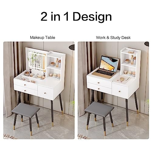 Elias White Vanity Set with 3 Color Touch Screen Dimming Mirror Flip Top Mirror and Cushioned Stool, Lights Vanity Mirror with Desk and Stool Makeup Vanity Table