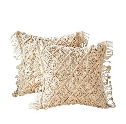 Off-White Cotton Macrame Cushion Cover, 16 x 16 Inch, Bohemian Design