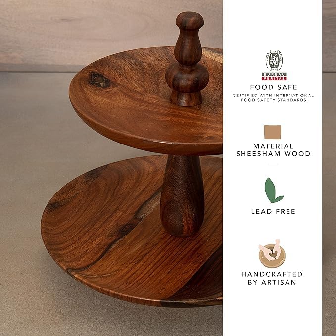 Ouch Cart Solid Mango Wood 2-Tier Cake Stand – Rustic Wooden Dessert & Cupcake Display for Table Decor