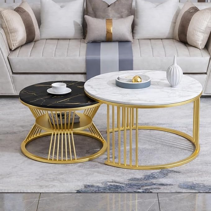 Iron Frame Faux Marbled Laminated Round Coffee Table Set of 2 Stacking Center Tables for Living Room Bedroom or Apartments (Golden White)
