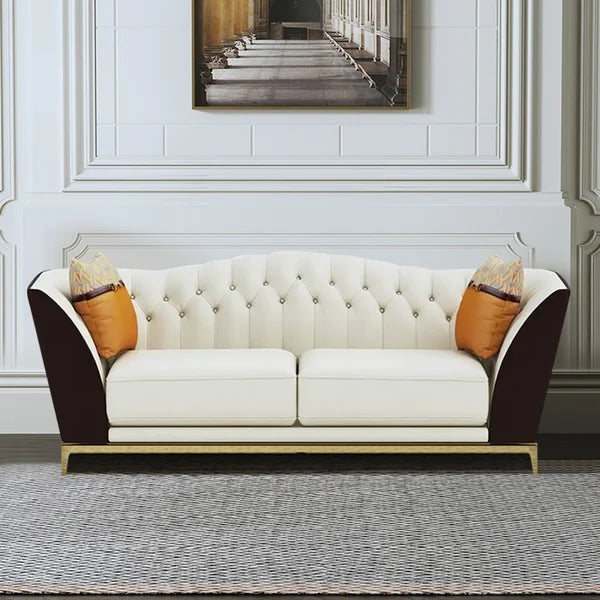 Upholstered Sofa White and Brown Mid-Century Couch Curved Tufted Back