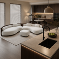 Modern Curved Sectional Sofa Set with Ottoman | Luxury Cream Upholstered Living Room Sofa