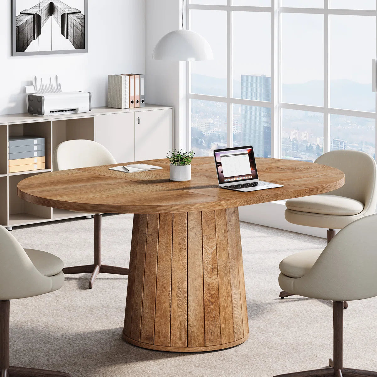 55" Oval Conference Meeting Table With Wood Base For 6 People