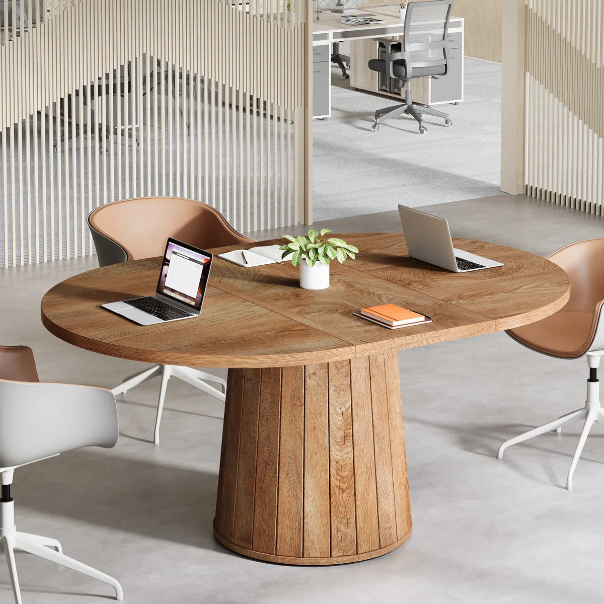 55" Oval Conference Meeting Table With Wood Base For 6 People