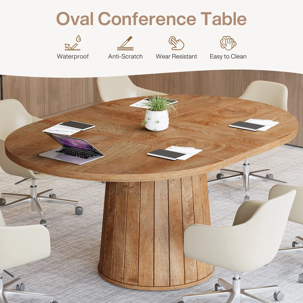 55" Oval Conference Meeting Table With Wood Base For 6 People