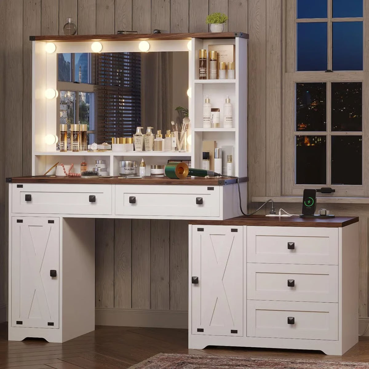 56.5" Makeup Vanity Desk with Hollywood LED Mirror, 5 Drawers, 2 Cabinets, Open Shelves and Charging Station