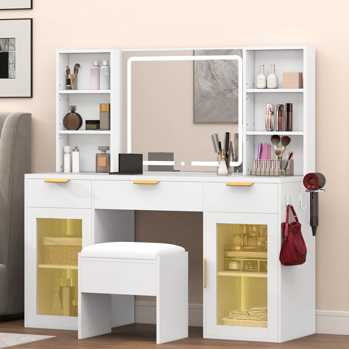 56" Makeup Vanity with LED Mirror – Glass Storage Cabinets & Dressing Table