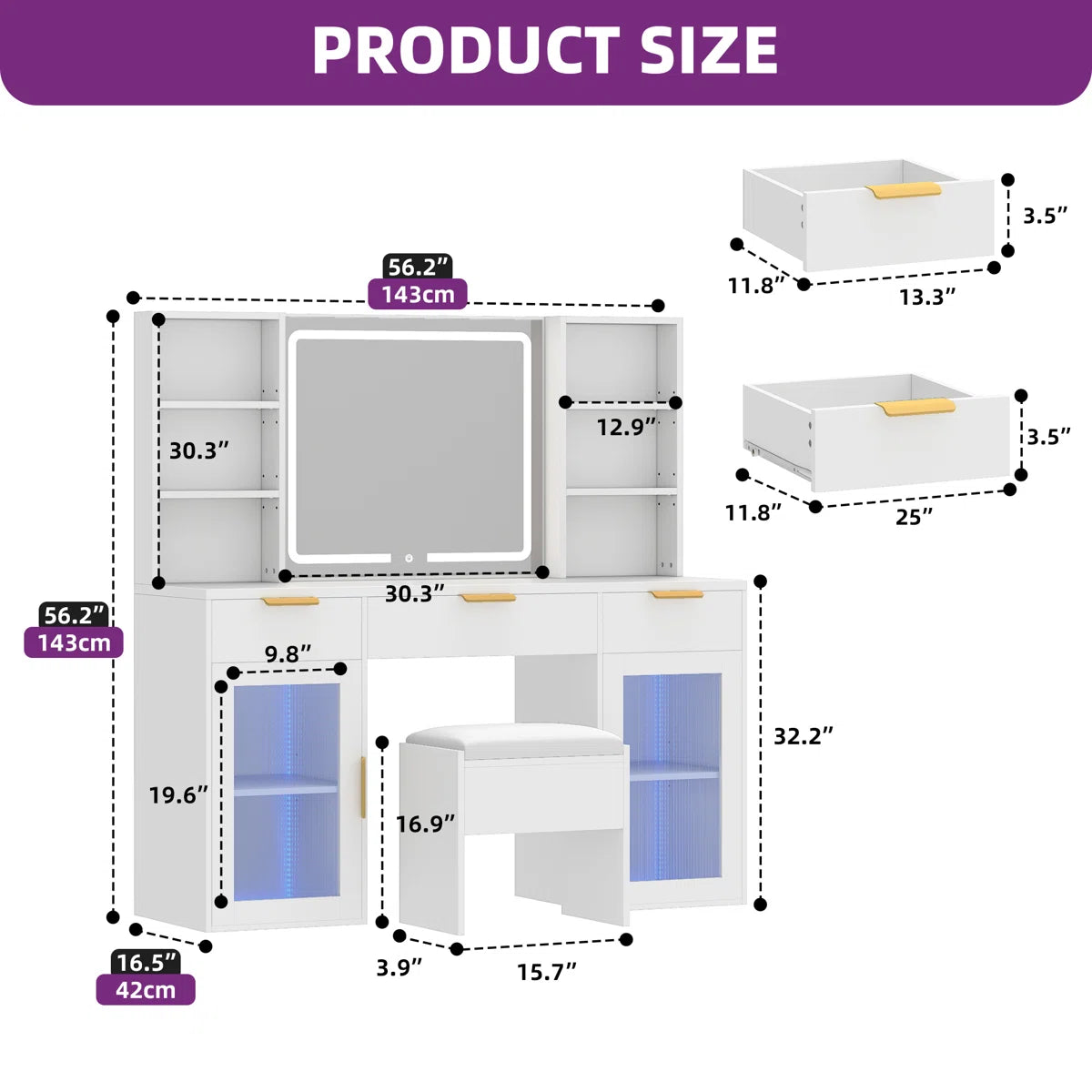 56" Makeup Vanity with LED Mirror – RGB Glass Storage Cabinets & Dressing Table-OUCH CART |Dressing table