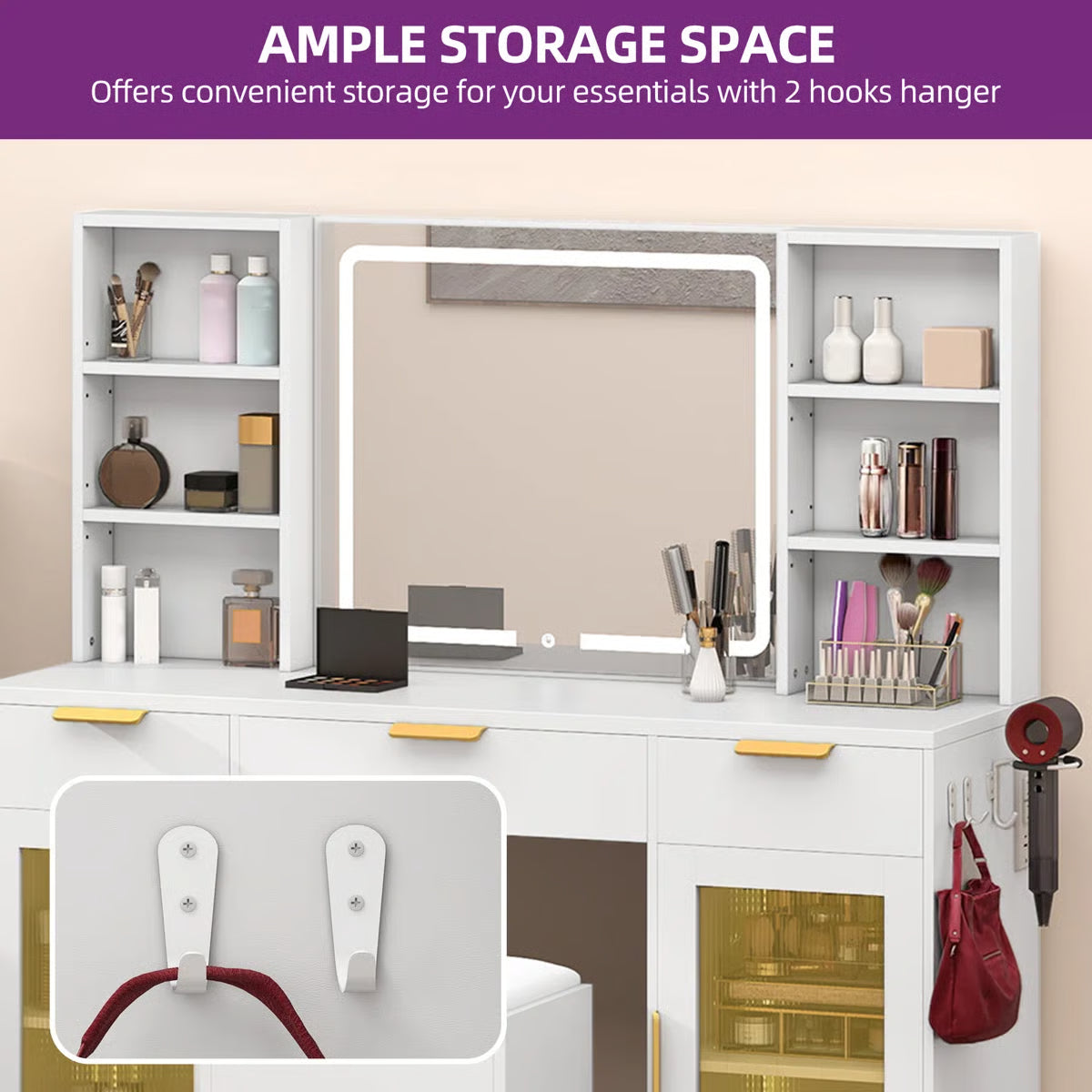 56" Makeup Vanity with LED Mirror – Glass Storage Cabinets & Dressing Table