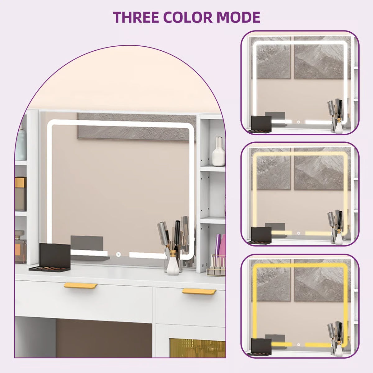 56" Makeup Vanity with LED Mirror – Glass Storage Cabinets & Dressing Table