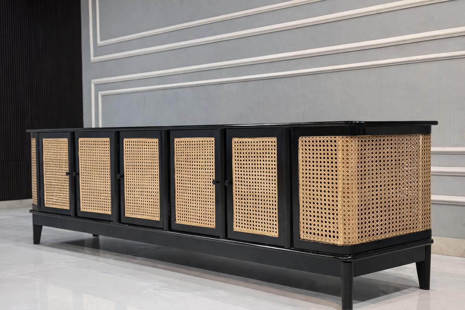 Chic Teak Wood & Rattan Black Sideboard – Stylish Storage Piece