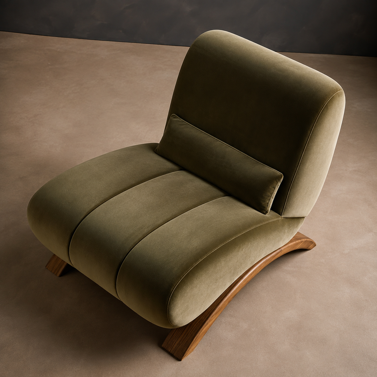 Modern Olive Green Velvet Accent Chair with Curved Wooden Base | Ouch Cart