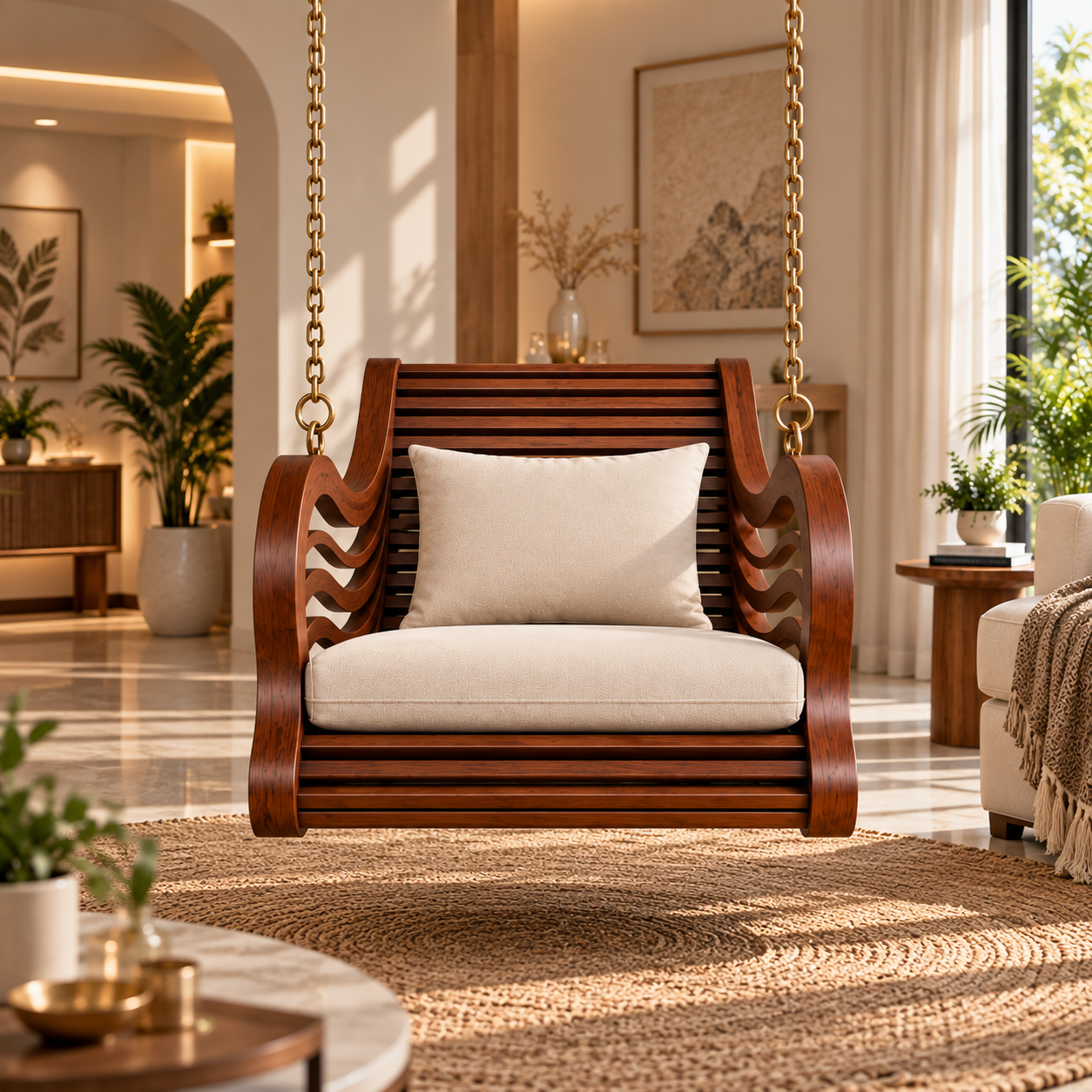 Premium Solid Wood Hanging Swing Chair with Cushion | Luxury Wooden Jhula for Living Room, Balcony & Indoor Spaces