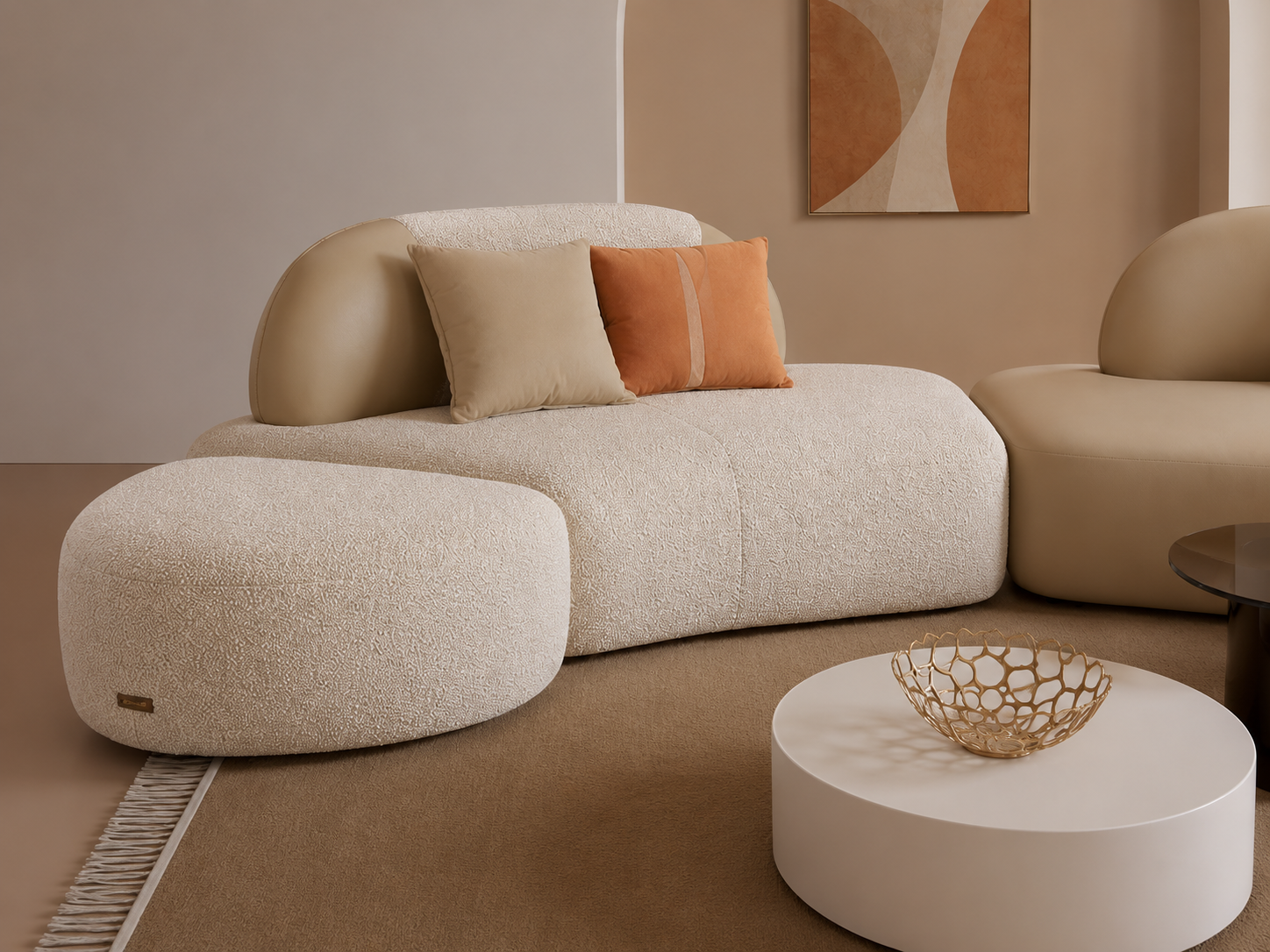 Modern Modular Bouclé Sofa Set | Luxury Curved Designer Lounge Sofa with Ottoman | Contemporary Upholstered Living Room Sofa