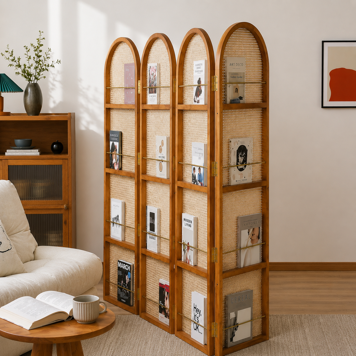 Ouch Cart 4 Panel Rattan Room Divider | Folding Woven Privacy Screen with Wooden Frame Ouch Cart