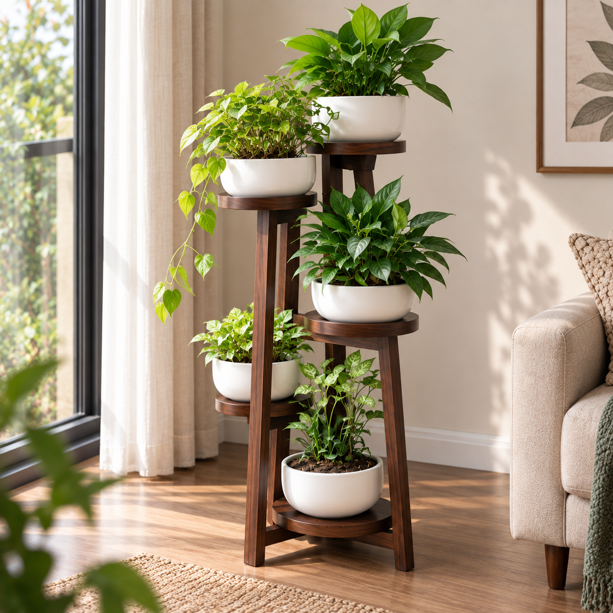 5 Tier Wooden Plant Stand for Indoor Plants | Solid Wood Multi-Level Plant Holder