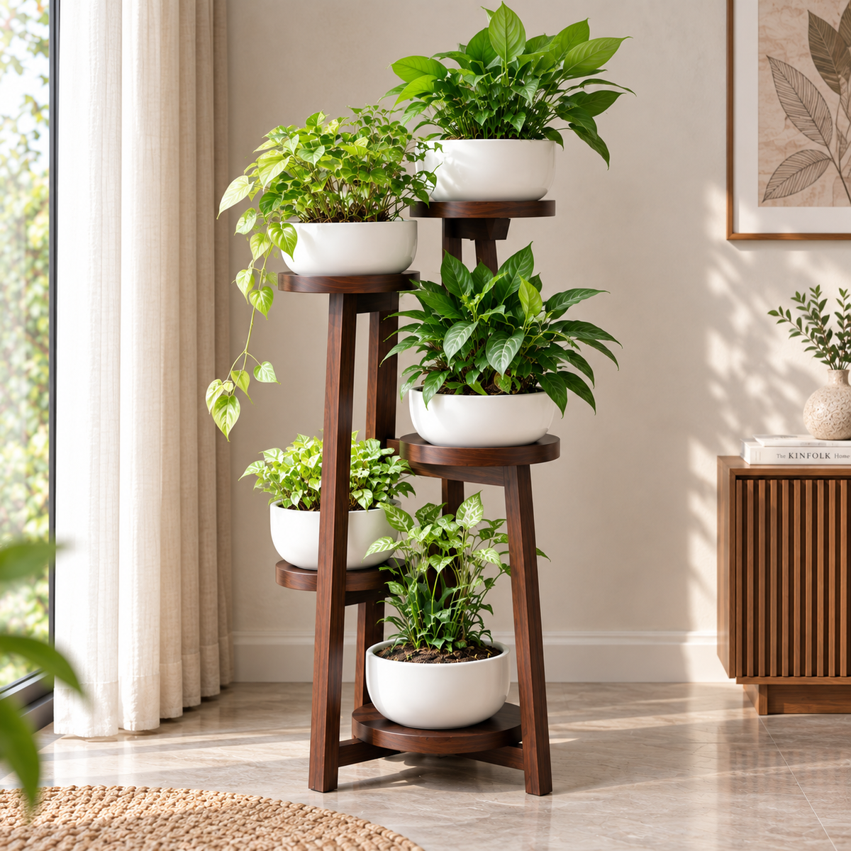 5 Tier Wooden Plant Stand for Indoor Plants | Solid Wood Multi-Level Plant Holder