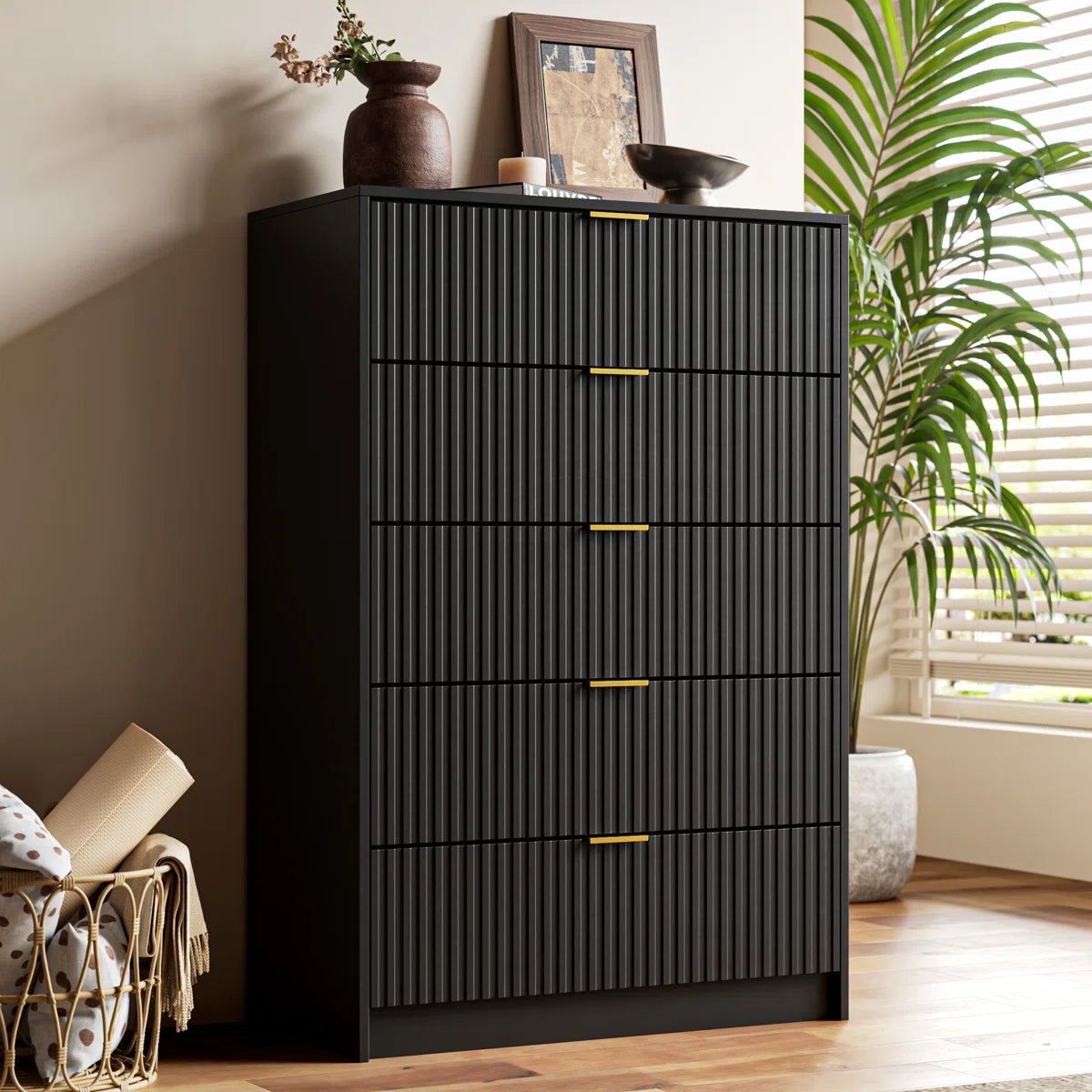 Modern Fluted 5-Drawer Dresser, Tall Chest with Gold Handles & Anti-Tip Safety