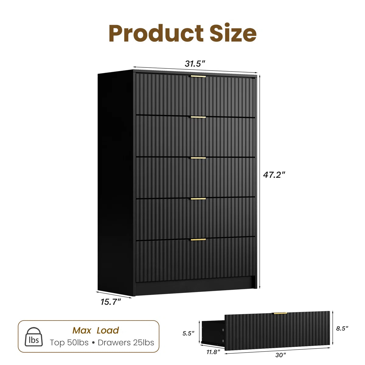 Modern Fluted 5-Drawer Dresser, Tall Chest with Gold Handles & Anti-Tip Safety