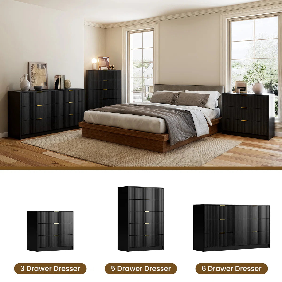 Modern Fluted 5-Drawer Dresser, Tall Chest with Gold Handles & Anti-Tip Safety