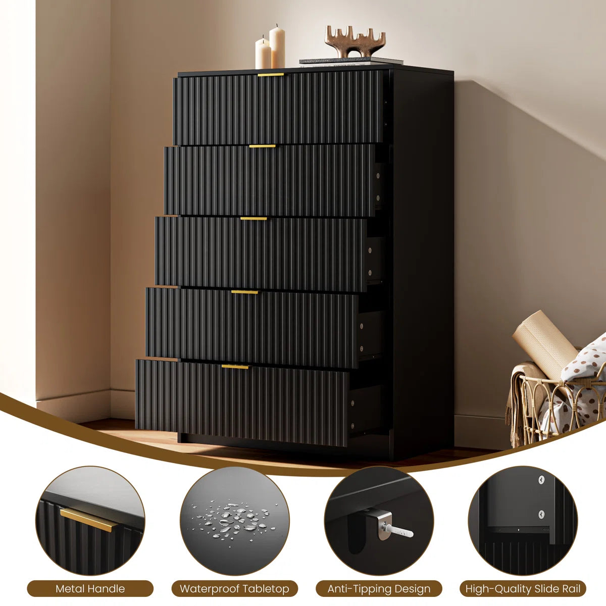 Modern Fluted 5-Drawer Dresser, Tall Chest with Gold Handles & Anti-Tip Safety