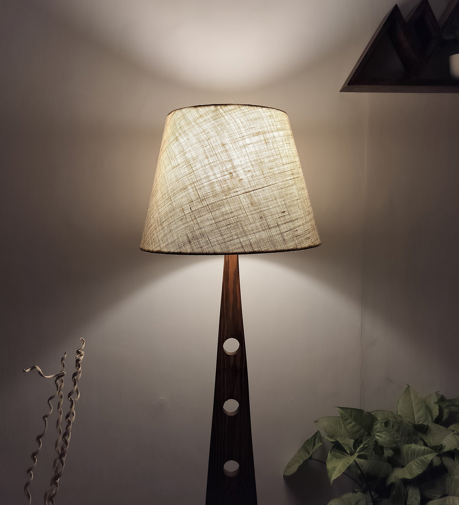 Bevel Wooden Floor Lamp with Brown Base and Yellow Printed Fabric Lampshade