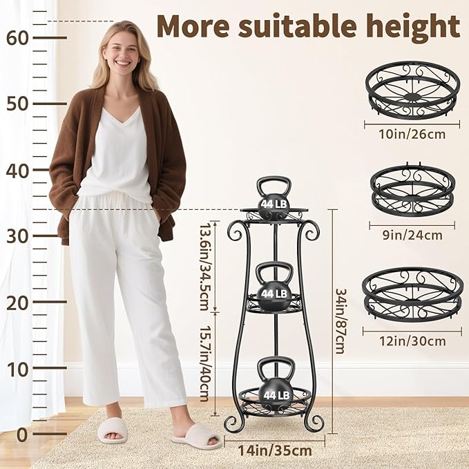 LASZOLA 3 Tier Black Metal Plant Stand for Multiple Large Planters Indoor Outdoor Organizer, Heavy Duty Tall Flower Stand for Corner Patio Bathroom Office, Modern Sturdy Vertical Iron Rack, Cat Proof-OUCH CART 