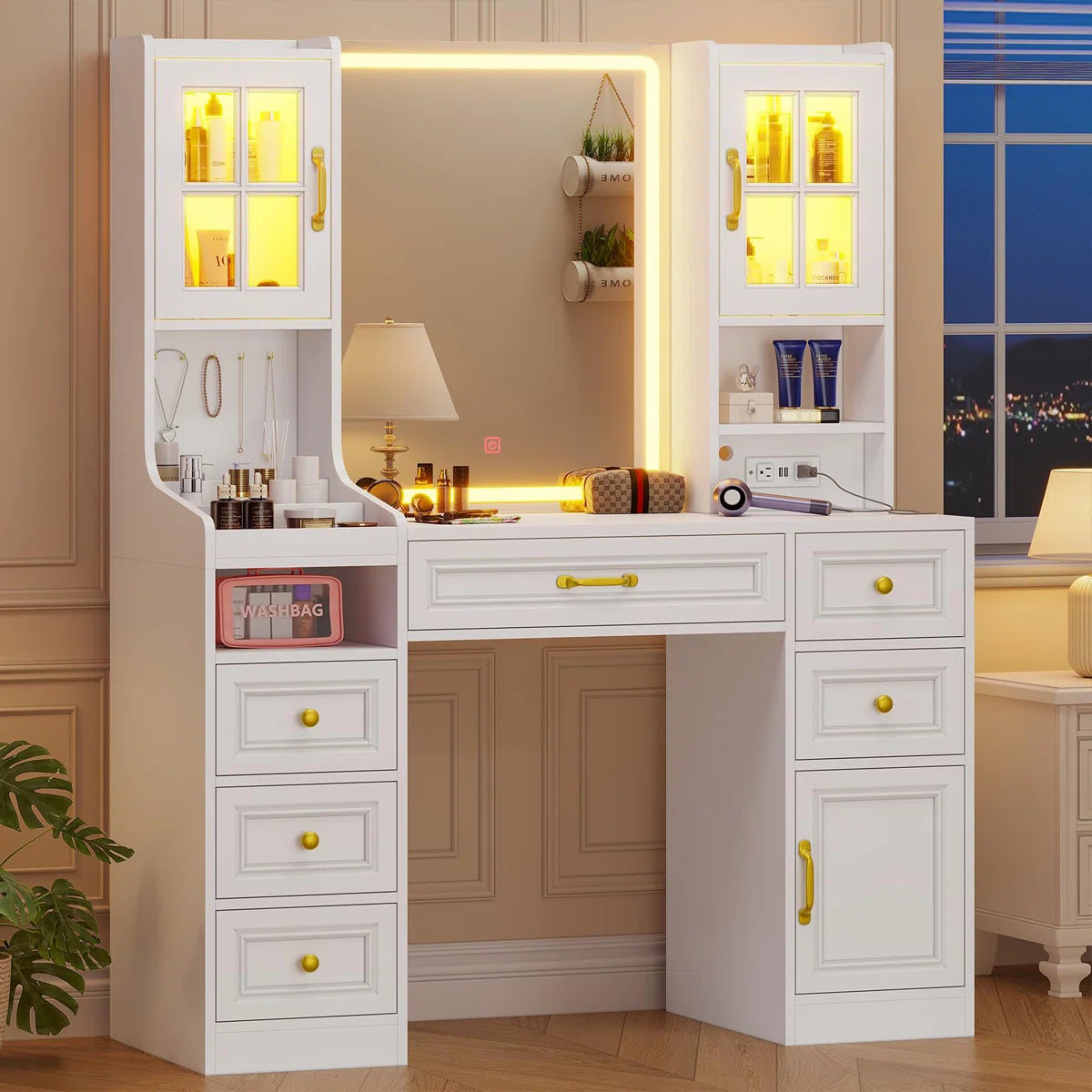 Modern Vanity Desk with 6 Drawers, Touch Control Mirror & Lights, RGB Cabinets, Charging Station, and Hooks-OUCH CART |Dressing table