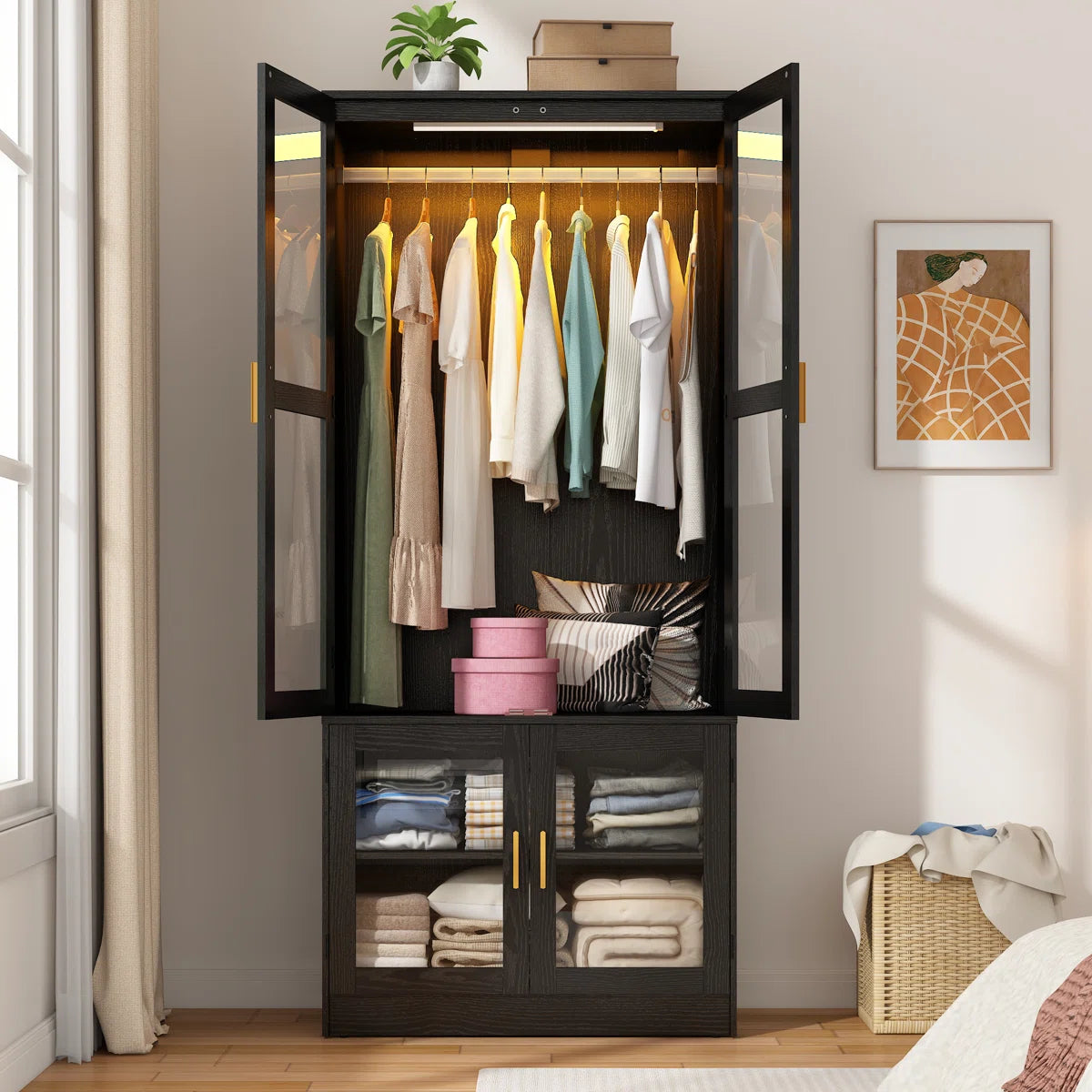 71" H 4-Door Armoire – Modern Wardrobe Closet with LED Sensor Lighting & Rod