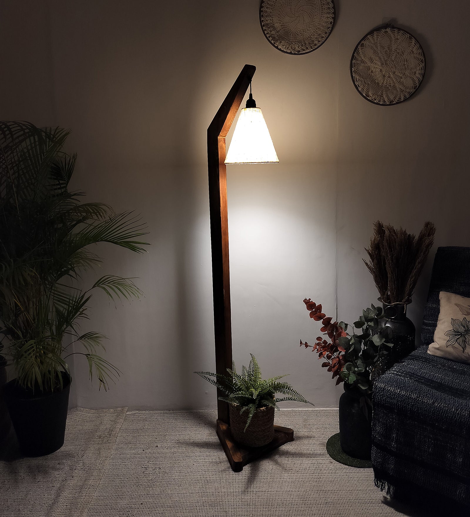 Charles Wooden Floor Lamp with Brown Base and Jute Fabric Lampshade (BULB NOT INCLUDED)