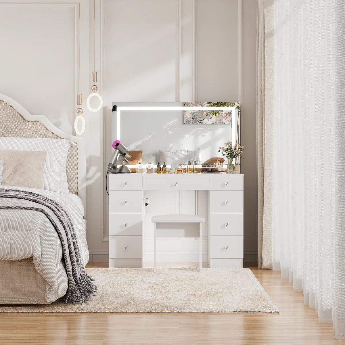 Greyden Lighted Vanity Set with  Diamond Handles on 9 Drawers, and Built-In Power Outlet