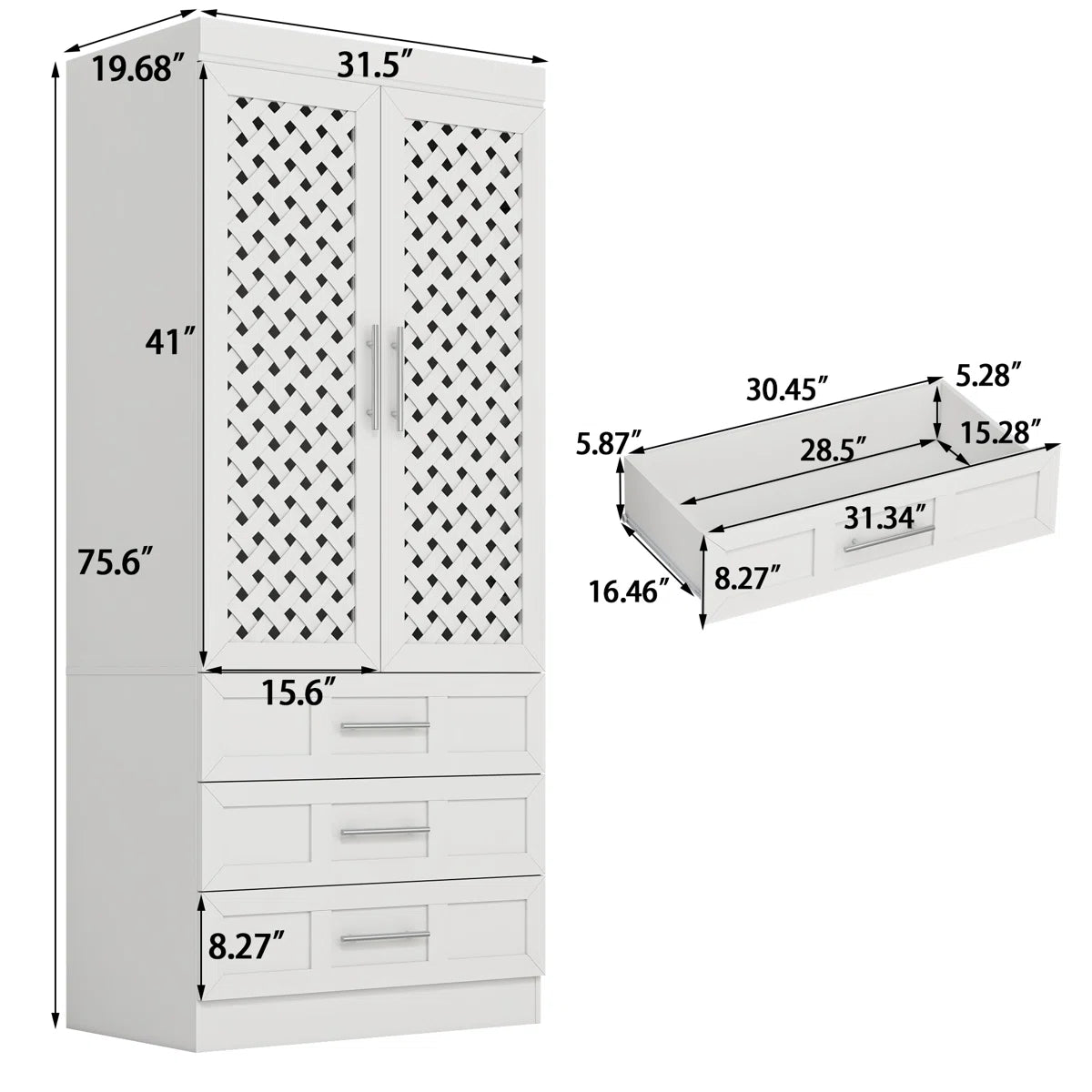 75.6''H Armoire Wardrobe With Sensor Light, 3 Hand-Made Woven Rattan Doors, Hanging Rod And 3 Drawers