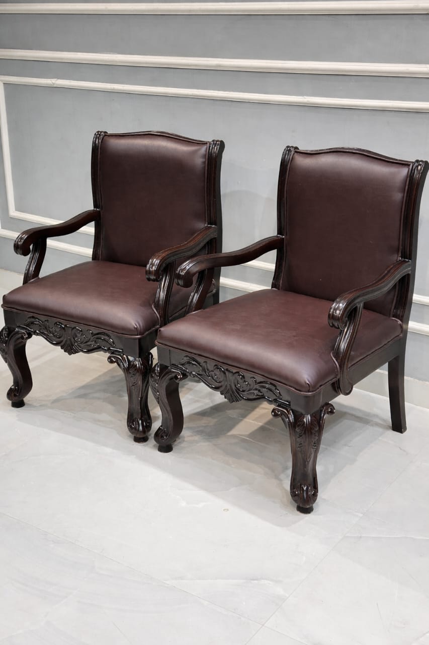 Luxury Solid Wood Leather Accent Chairs (Set of 2) – Hand-Carved Teak Armchairs for Living Room by Ouch Cart