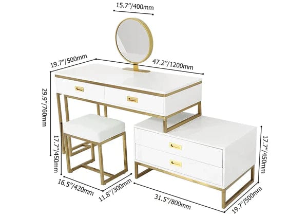 Jose White Makeup Vanity Expandable Dressing Table with Cabinet Mirror & Stool Included Vanity Desk with Mirror and Stool, Makeup Vanity Desk Dressing Table with 4 Drawers, Storage, Side Chest, Girls Vanity Table Set with Cushioned Stool for Bedroom