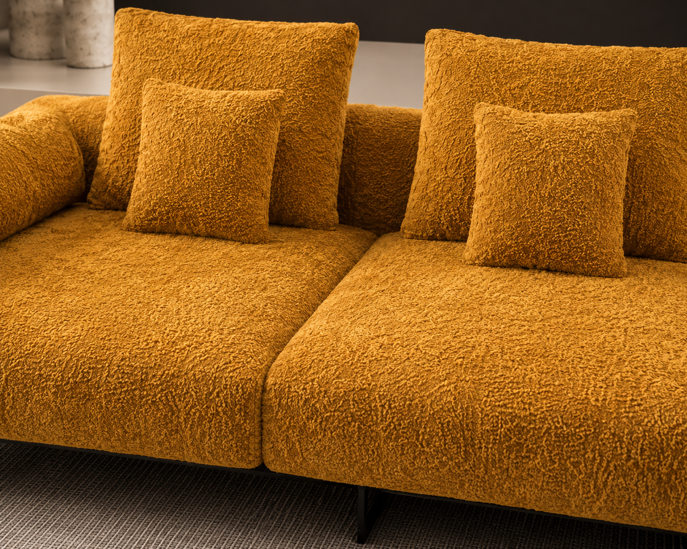 Modern Mustard Bouclé Sectional Sofa | Luxury Modular Fabric Sofa with Metal Legs | Contemporary Living Room Couch