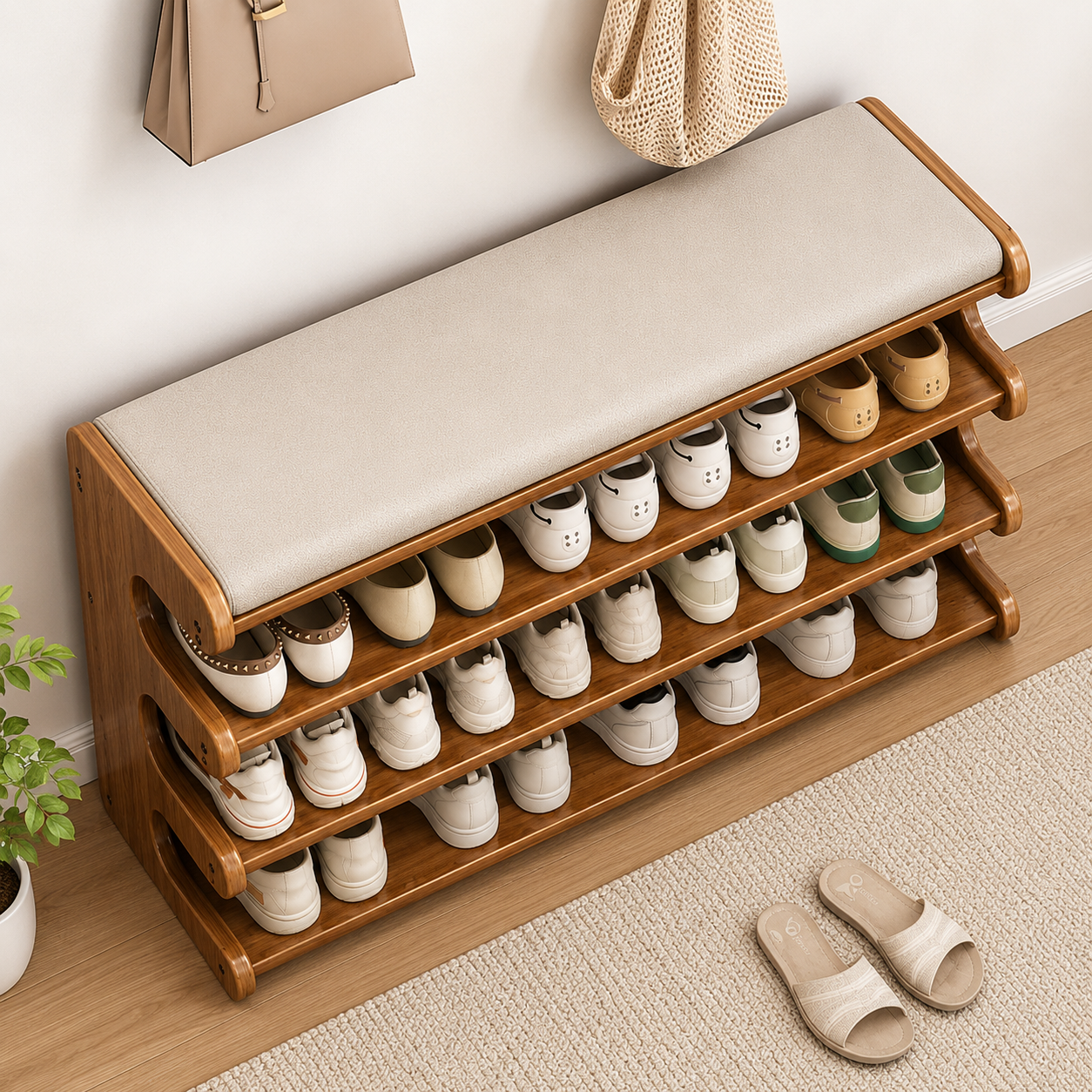 Wooden Shoe Rack Bench with Cushioned Seat | 4-Tier Open Shoe Storage Organizer | Entryway Shoe Shelf for Hallway, Bedroom & Living Room