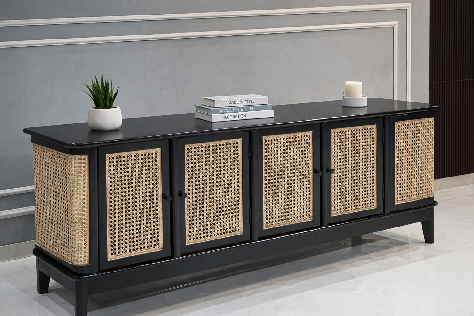 Chic Teak Wood & Rattan Black Sideboard – Stylish Storage Piece