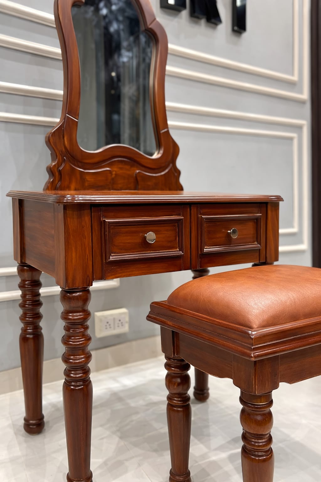 Vintage Mahogany Makeup Vanity Set with Petal Mirror & Stool