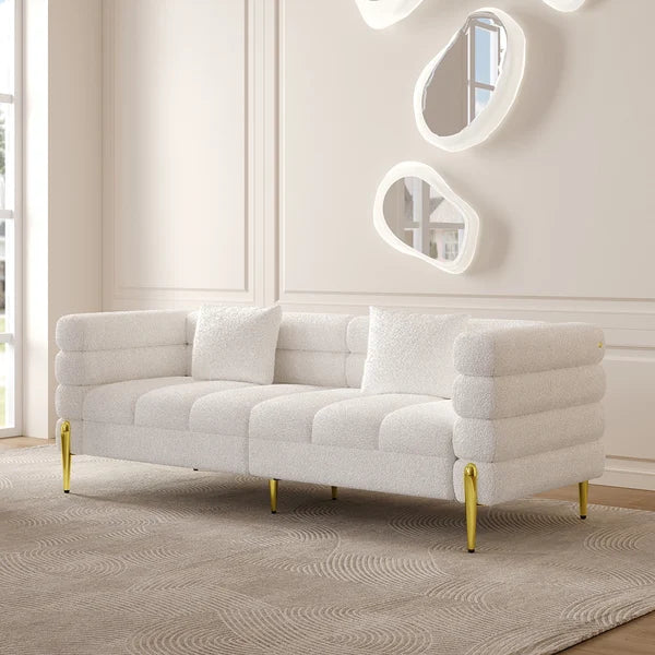 White Boucle Upholstered Fluted 3 Seater Sofa