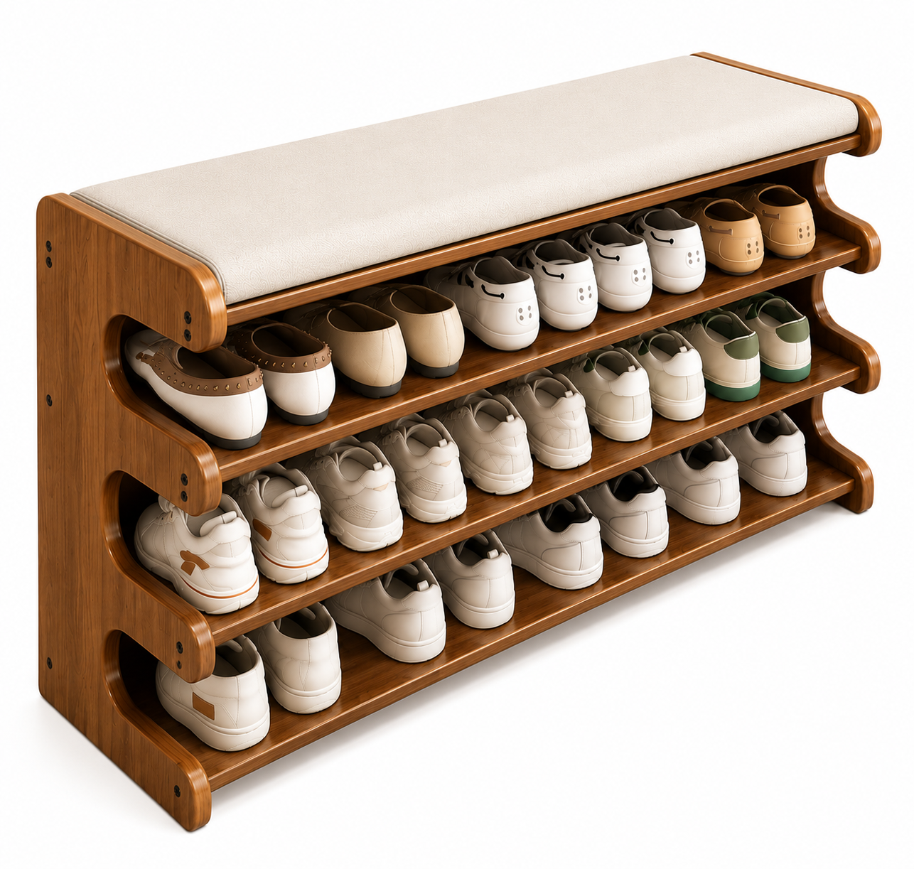 Wooden Shoe Rack Bench with Cushioned Seat | 4-Tier Open Shoe Storage Organizer | Entryway Shoe Shelf for Hallway, Bedroom & Living Room
