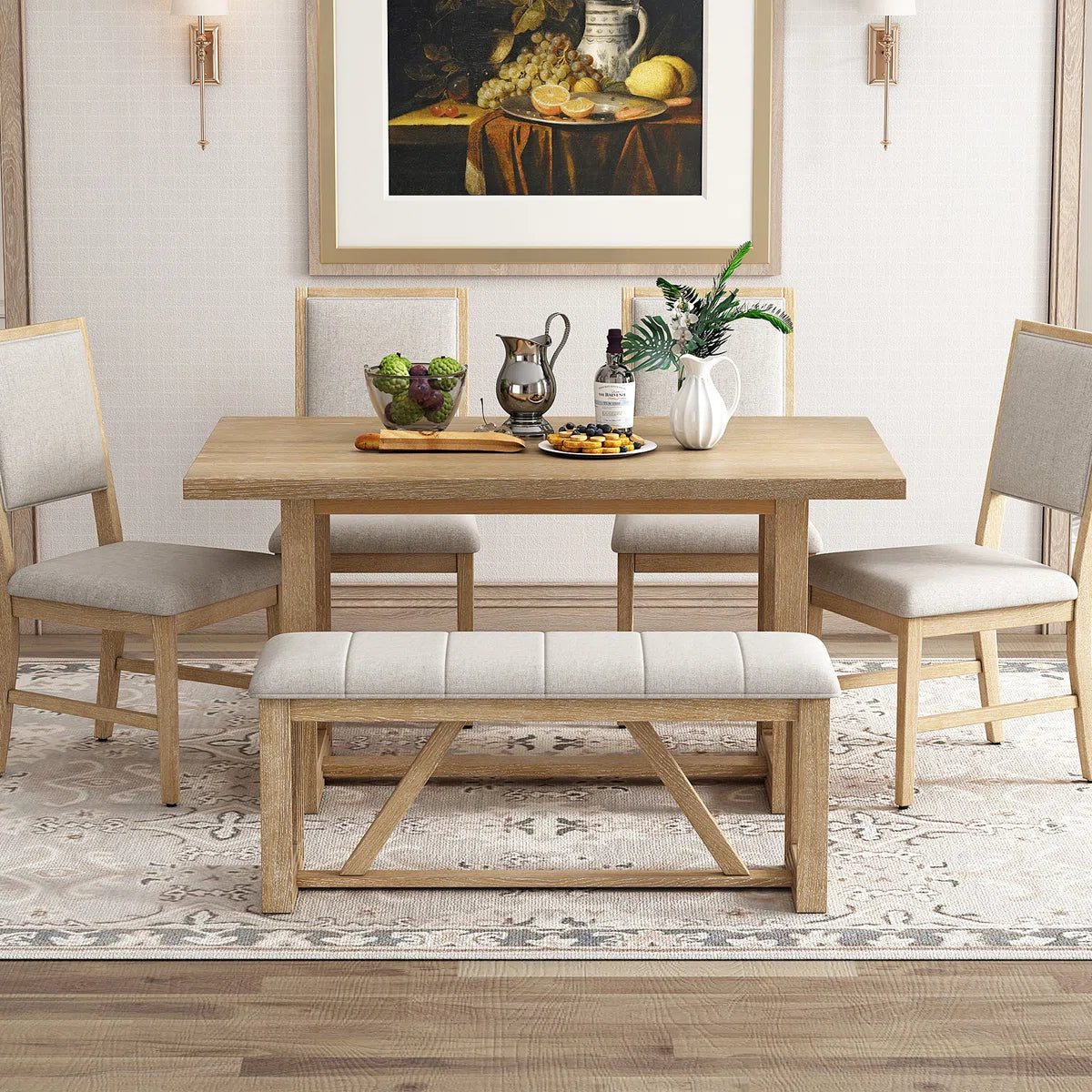 6-Piece Retro Dining Table Set for 6, 60" Wood Kitchen Table and Chairs Set of 4 with Bench Designed Trestle Base for kitchen & Dining Room