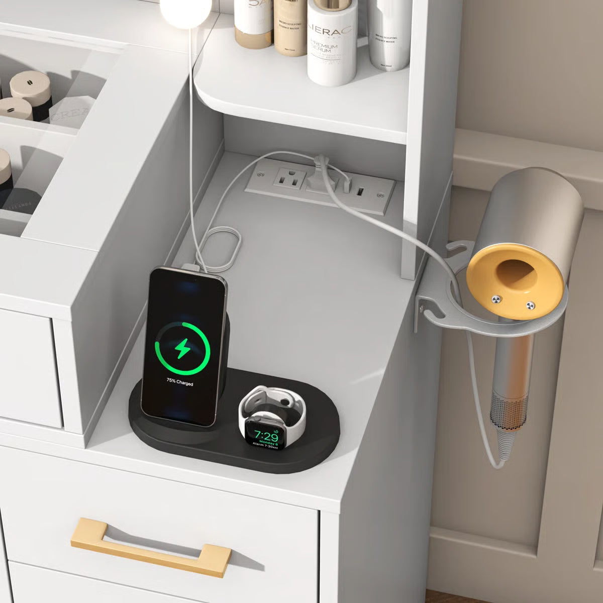 Tempered Glass Vanity Desk with LED Lights, Mirror, and Built-In Charging Station-OUCH CART |Dressing table