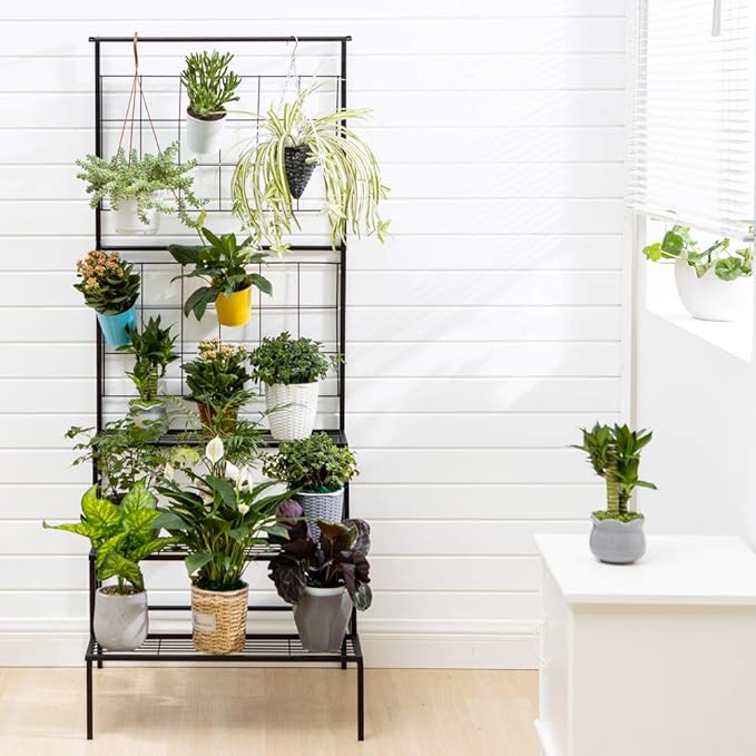 Plant Stand 3-Tier Hanging Shelves Flower Pot Organizer Multiple Flower Display Holder Indoor Outdoor Heavy Duty Potted Planter Rack Unit with Grid Panel for Living Room Balcony