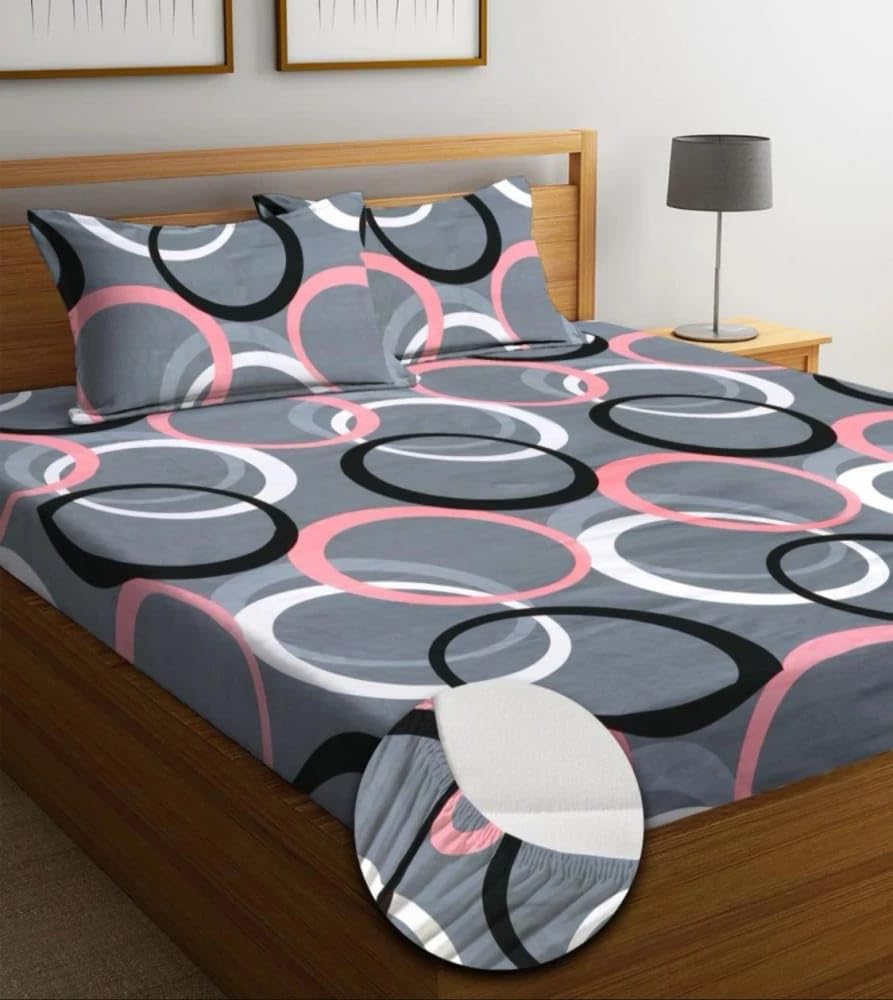 Cotton Fitted Bedsheet for Double Queen Bed with 2 Pillow Covers | Geometric Print, Superfine Fabric | Yellow