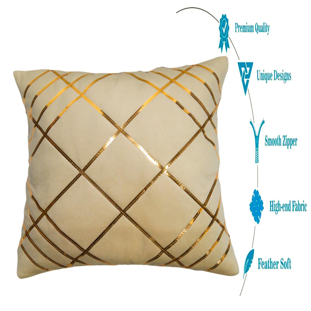 Beige & Gold Checked Velvet Cushion Covers, 16 x 16 Inch, Set of 5