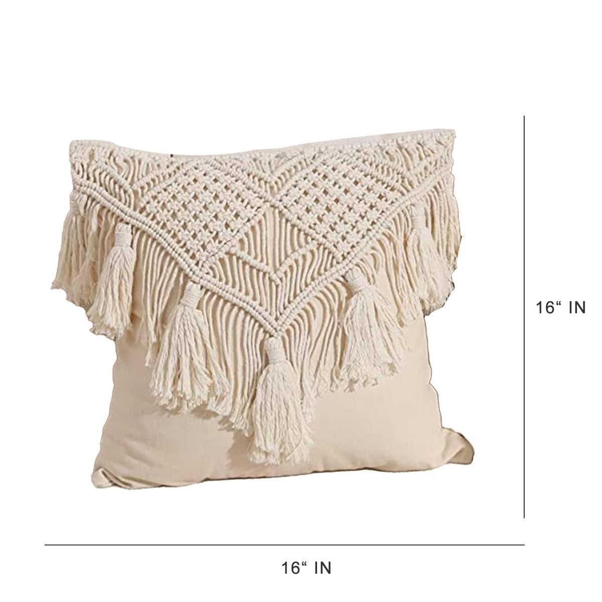 White Cotton Macrame Cushion Cover, 16 x 16 Inch, Bohemian Floral Design