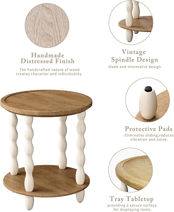 Handcrafted Round Farmhouse End Table, 2-Tier Wooden Side Table with Pine Legs for Living Room & Bedroom