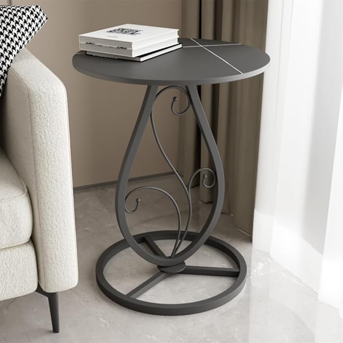 Boho Round Side Table with Natural Marble Top – Minimalist Metal Floral Base End Table for Living Room & Bedroom