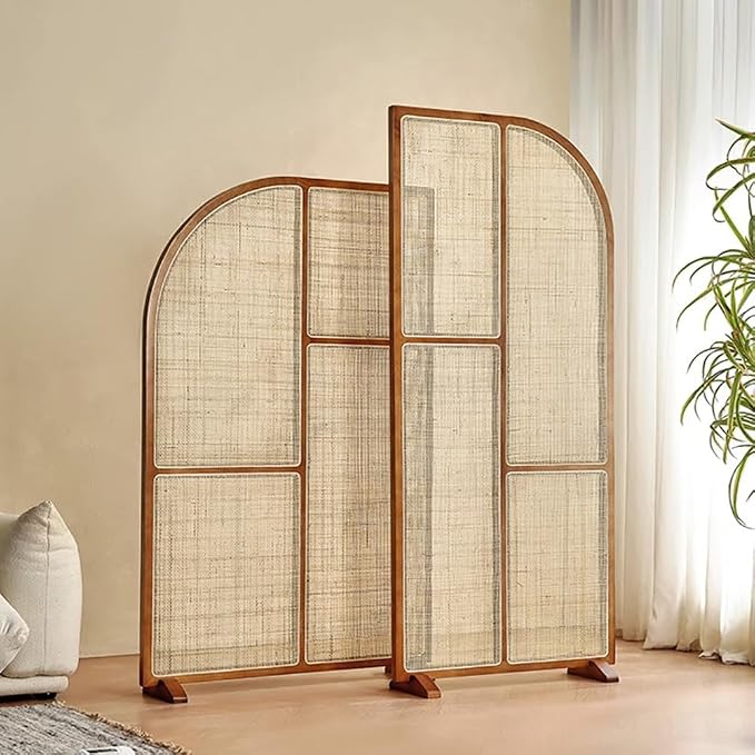 Ouch Cart 2 Panel Wooden Room Divider | Folding Rattan Privacy Screen with Non-Slip Feet